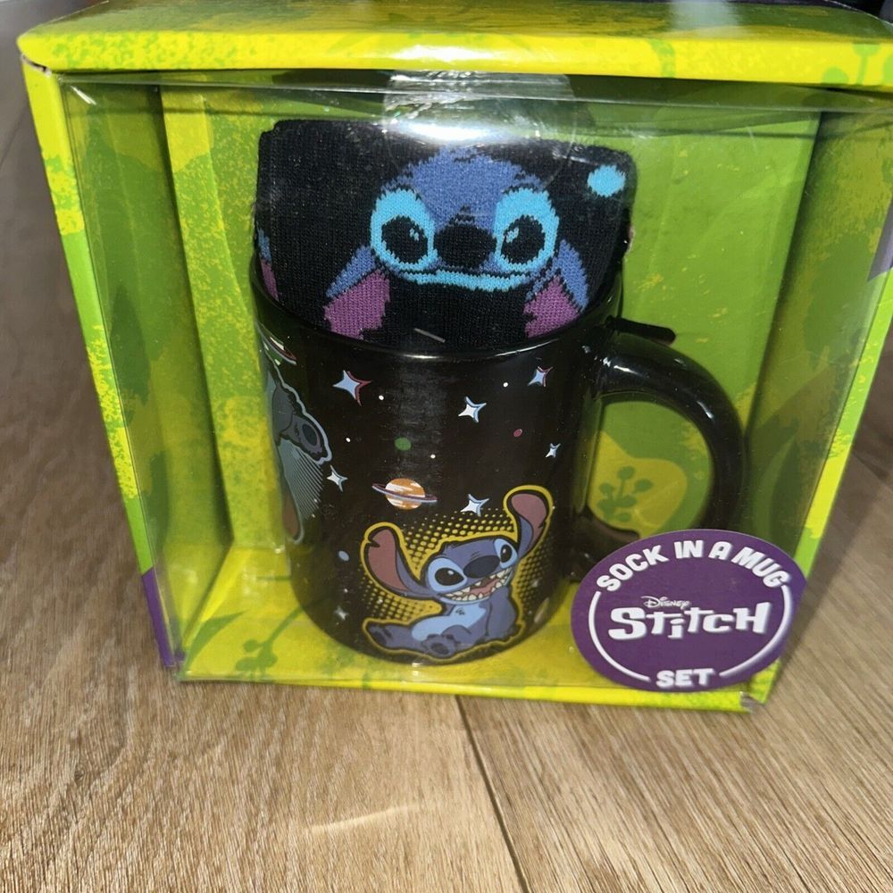 Boxed Gift Set Disney Stitch Socks In A Mug 18 oz & Black Stitch Crew Socks‎ NEW
